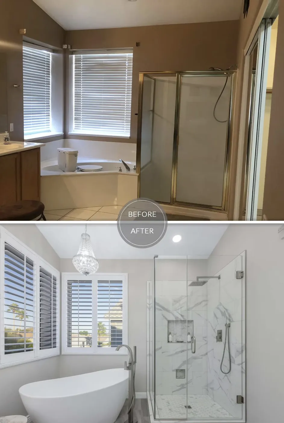 Bathroom before and after: garden tub replaced with freestanding tub and marble shower