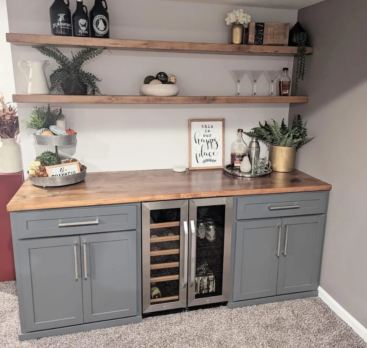 Custom bar and butler pantry with wine fridge and floating shelves