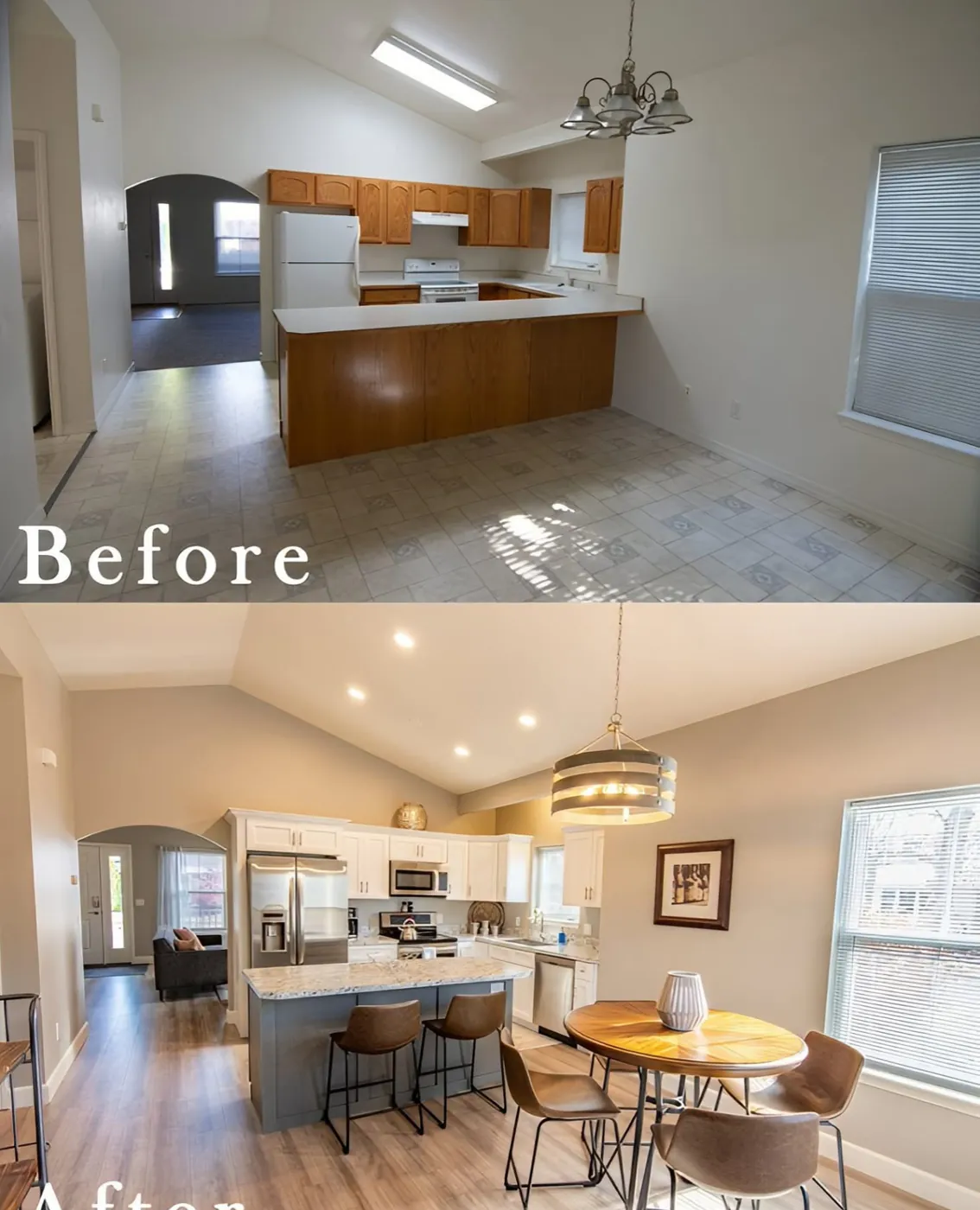 Kitchen remodel before and after: closed dated kitchen opened into a bright island kitchen